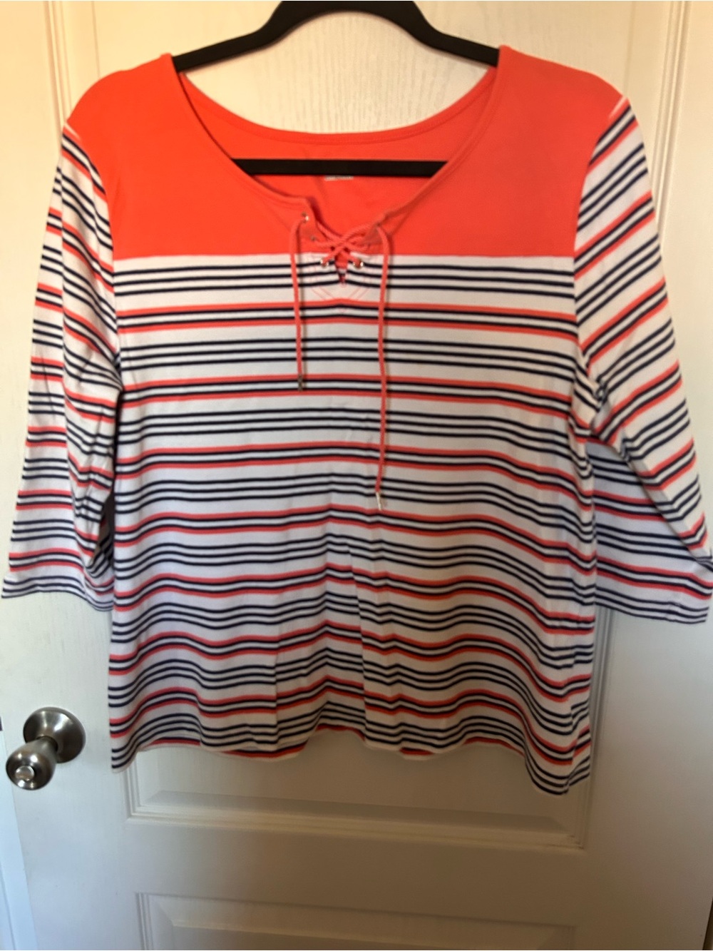 Studio Works Coral Yoke Striped Lace-Up 3/4 Sleeve Top